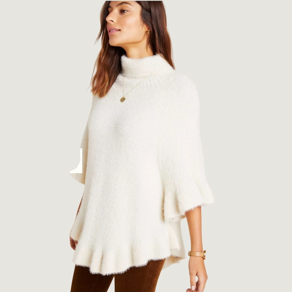 Anthropologie Akemi + Kin Snow Ruffled Poncho OS Cream Soft Fuzzy Knit Oversized